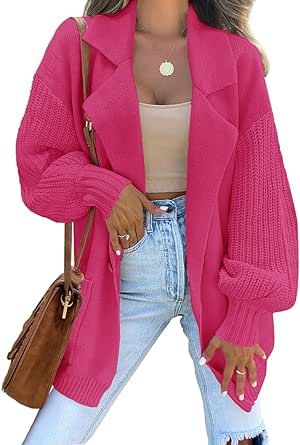 ZESICA Women's Long Sleeve Open Front Lapel Oversized Knit Cardigan Sweater Coat Outerwear with Pockets