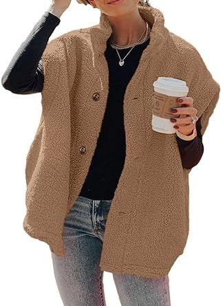 Hongqizo Womens Fuzzy Fleece Vest Fuzzy Jacket Coat Button Down Sherpa Vest Jacket with Pockets(Brown,S)