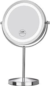 JANEEVA 1X/10X Lighted Magnifying Makeup Mirror,7 Inch Double Sided Vanity Mirror with Stand-360 Degree Swivel|Battery Operated LED Cosmetic Mirror Shaving Mirror for Women Men (Button Switch)