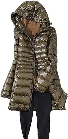 Women's Winter Packable Glossy Down Jacket Ultralight Long Down Outerwear Puffer Jacket Hooded Coat Full Zipper Parka
