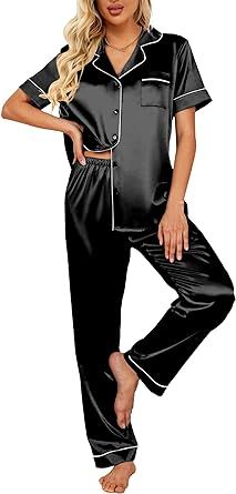 Ekouaer Silk Satin Pajamas Set Women Two-Piece Nightwear Short Sleeve Sleepwear Soft Button Down Loungewear Pjs Set