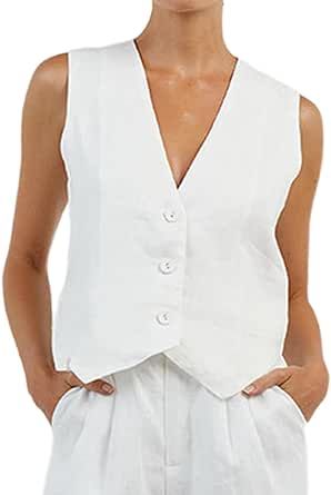 FHNUVB Women's Waistcoat Vest Blazer Cotton Linen Button Down V Neck Sleeveless Crop Vest Vintage Vest for Women