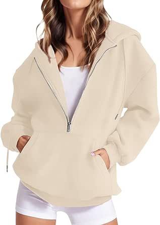 Oversized Sweatshirt for Women Casual Solid Color Long Sleeve Drawstring Hoodie Fashion Half Zip Pullover with Pockets