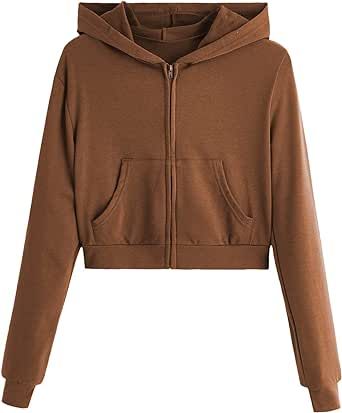 Verdusa Women's Zip Up Outerwear Long Sleeve Crop Top Hooded Sweatshirt