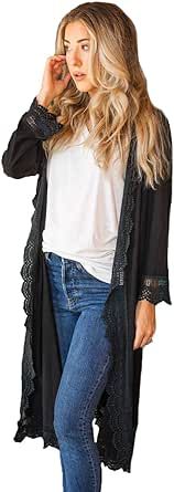 Tickled Teal Women's 3/4 Sleeve Lace Trim Casual Wrap Cardigan Coverup Outerwear Sweater