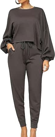PAODIKUAI Women's 2 Piece Outfits Lantern Long Sleeve Top and Drawstring Pant with Pockets Pullover Sweatsuit Lounge Sets