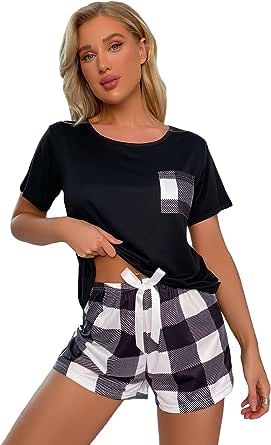 SOLY HUX Women's Short Sleeve Tee Top and Plaid Shorts Lounge Pajama Set Sleepwear
