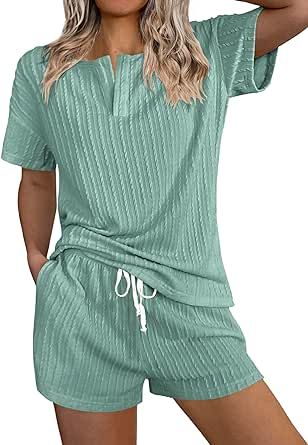 Ekouaer Womens 2 Piece Lounge Sets Ribbed Knit Pajama Tops Sleepwear Sweatsuits Matching Shorts with Pockets