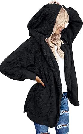 luvamia Women Fuzzy Fleece Open Front Pockets Hooded Cardigan Jacket Coat Outwear