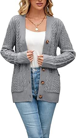 BuyiRen Women's Long Sleeve Cable Knit Cardigan Sweaters 2023 Fall Casual Open Front Button Sweater Outwear with Pockets