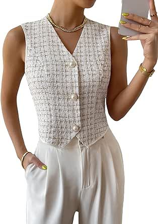 WDIRARA Women's Asymmetrical Hem Button Front Crop Blazer Sleeveless V Neck Blazer Vest