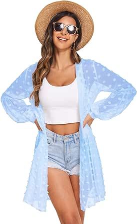 ELESOL Womens Cardigan Open Front 3/4 Sleeve Lace Lightweight Summer Beach Kimono Chiffon Swimsuit Cover Up Tops