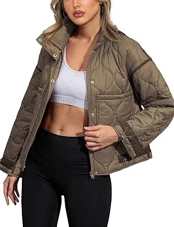 Seetaa Quilted Puffer Jacket Womens Stand Collar Full-Zip Outerwear Puffy Coats Jacket with Pockets(Brown-M)