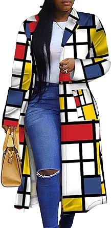 Women's Colored Geo Turn Down Collar Trench Coat Colorful Outerwear Cardigan Long Blazer Jacket