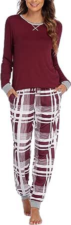 Ekouaer Women's Pajamas Sets Long Sleeve with Plaid Pants Soft Sleepwear O Neck 2 Piece Pjs Joggers Loung Set with Pockets