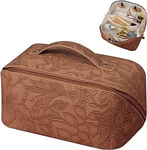 BAKLUCK Large Capacity Travel Cosmetic Bag PU Leather Makeup Bag Portable Travel Makeup Bag With Compartments Floral Cosmetic Bag for Women with Handle Brown Makeup Bag