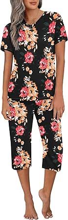 Ekouaer Women's Sleepwear Capri Pajama Sets Short Sleeve Two-Piece Pjs V Neck Tops & Capri Pants with Pockets S-3XL