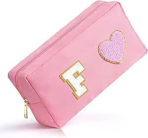 TOPEAST Personalized Makeup Bags for Women, Preppy Initial Makeup Pouch Chenille Letters Cosmetic Toiletry Bag Waterproof Nylon Travel Bag Personalized Gifts for Girlfriend, Wife, Daughter, Letter F