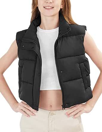 WUEAOA Puffer Vest Women, Sleeveless Cropped puffer Jacket Winter Lightweight Warm Outerwear Stand Collar Women's Zipper Coat Padded Gilet with Pockets