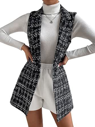 WDIRARA Women's Houndstooth Print Sleeveless Lapel Raw Trim Button Front Long Vest Jacket