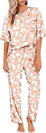 Ekouaer Womens Satin Silky Pajama Set Short Sleeve Shirt with Long Pajama Pant Set Soft PJ Loungewear