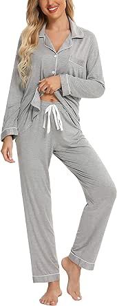 Anjue Pajamas for Women Soft Button Up Pajama Set Long Sleeve Shirt and Pajama Pants Lounge Sets S-XXL