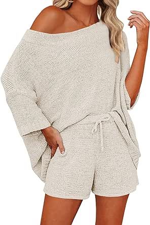 Mafulus Women's 2 Piece Outfits Sweater Sets Off Shoulder Knit Top Shorts Matching Suits Cute Pajama Lounge Set