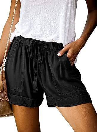 Basoteeuo Womens Shorts Summer Comfy Cotton Elastic Waist Drawstring Casual Shorts with Pockets