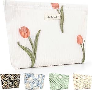 Cute Floral Makeup Bag Cosmetic Bag with Zipper, Aesthetic Flower Make up Pouch for Women Girls, Preppy Clutch Purse Large Capacity Canvas Toiletry Storage Bag Skincare Bag for Travel(White Tulip)
