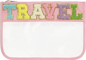 DYSHAYEN Chenille Letter Clear Zipper Pouch for Travel,Nylon Clear Cosmetic Bag,Makeup Travel Bag for Women (Pink-Travel)