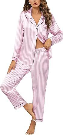 Anjue Silk Satin Pajamas Set Women's Long Sleeve Sleepwear Soft Pjs Set Two Piece Button Down Pj Set with Pockets S-XXL