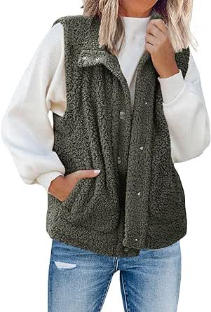 ReachMe Womens Sleeveless Fleece Vest with Pockets Fuzzy Sherpa Vest Fluffy Zipper Jacket Warm Outerwear