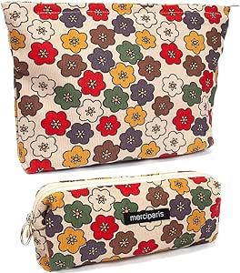 2 Pcs Cosmetic Bags for Women, Large Capacity Corduroy Makeup Bag Travel Toiletry Bag Organizer Aesthetic Handbags Purses Cute Makeup Brushes Storage Pouch Case Bags (Floral Beige2)
