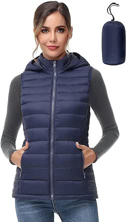 Women Lightweight Down Puffer Vest, Women Packable Down Puffy Outwear Vest with Removable Hood and Zip Pockets