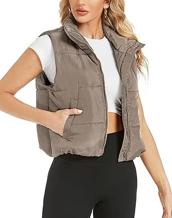Hount Womens Winter Crop Puffer Vest Lightweight Sleeveless Padded Gilet Coat Stand Collar Outwear Vest with Pockets