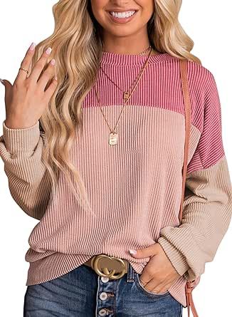 Dokotoo Womens Fashion 2023 Color Block Long Sleeve Crewneck Knitted Pullover Sweatshirt Tops