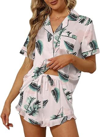 SAPJON Satin Silk Pajamas for Women 2Pcs Ruffle Notch Collar Sleepwear Button Down Short Sleeve Shorts Pjs Set Loungewear
