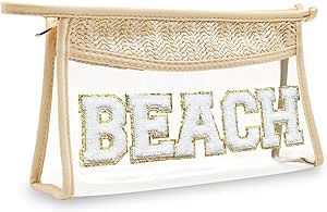 Boho Hand-woven Makeup Bag, Chenille Letter Patch Clear Travel Pouch, Rattan Straw Bag Clear Cosmetic Sunscreen Bags, Women Summer Retro Travel Beach Bag Beach Essentials (Boho_Beige-Beach)