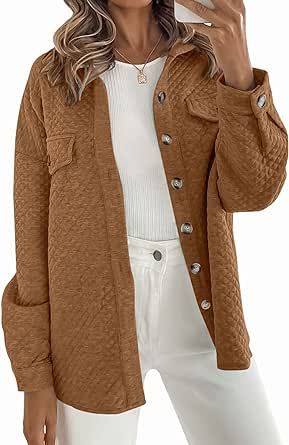 ZESICA Women's Casual Long Sleeve Button Down Loose Lightweight Shacket Shirt Jacket Coat Outerwear with Pockets