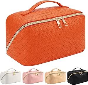 Miai Home Large Capacity Travel Makeup Bag for Women,Portable Checkered Cosmetic Bag Organizer with Portable Handle Waterproof PU Leather Toiletry Bag for Travel, Gifts (Orange)