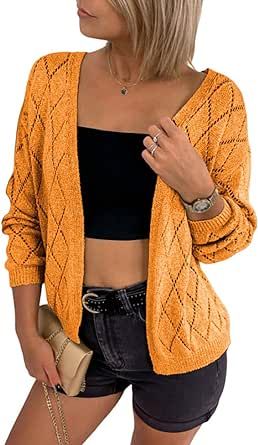Dokotoo Cropped Cardigan Sweaters for Women Long Sleeve Crochet Knit V Neck Open Front Outerwear
