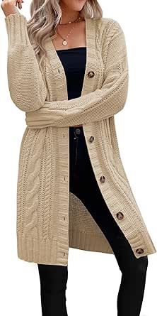Women's Long Sleeve Cable Knit Cardigan Open Front Button Sweater Fall Outerwear
