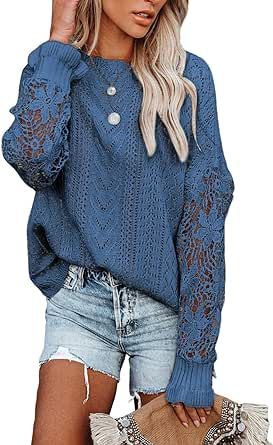 Dokotoo Womens Crewneck Crochet Lace Long Sleeve Hollow Out Cable Knit Pullover Sweaters Tops