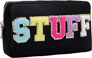 Opnseqia Preppy Patch Makeup Bags Glitter Letters Travel Cosmetic Pouch Nylon Waterproof Toilerty Bags for Women/Girls(Black-STUFF, M)