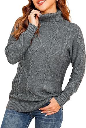 HWOKEFEIYU Women's Turtleneck Cable Knit Long Sleeve Pullover Sweater