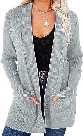 MEROKEETY Women's 2023 Fall Open Front Waffle Knit Cardigan Long Sleeve Cozy Knit Sweaters with Pockets