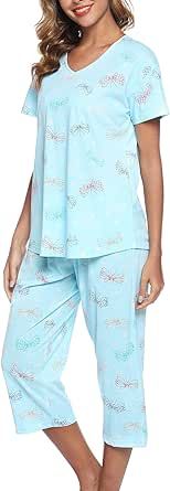 ENJOYNIGHT Womens Pajama Sets Cotton Pj Set Short Sleeve Top With Capri Pants Sleepwear 2 Piece Lounge Set