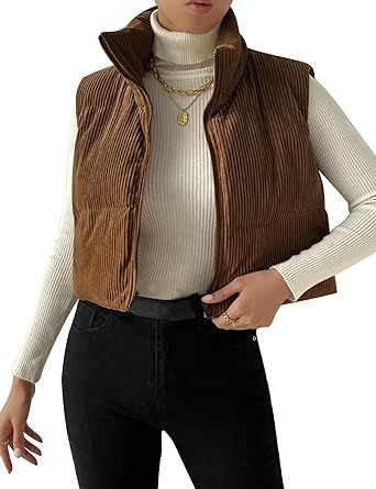 Gihuo Women's Corduroy Puffer Vest Cropped Stand Collar Zip Up Vest Quilted Sleeveless Jackets Gilet