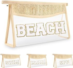 Clear Patch Makeup Letter Bag, Boho Letter Bag for Beach Swim, Waterproof Zipper Make up Bag Toiletry Pouch for Women Girls, Clear Letter Patch Cosmetic Bag Transparent Organizer Pouch for Travel(Beach, Beige)