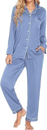 Ekouaer Couples Matching Pajamas Silk Long Sleeve Sleepwear Satin Soft Button Down Loungewear Pjs Set S-XXL